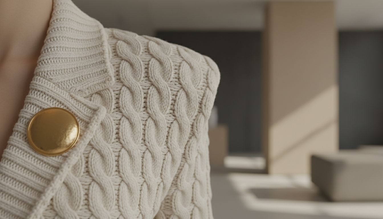 Крупный план гипертрофированного плеча жакета из косичкового трикотажа с массивной металлической пуговицей.