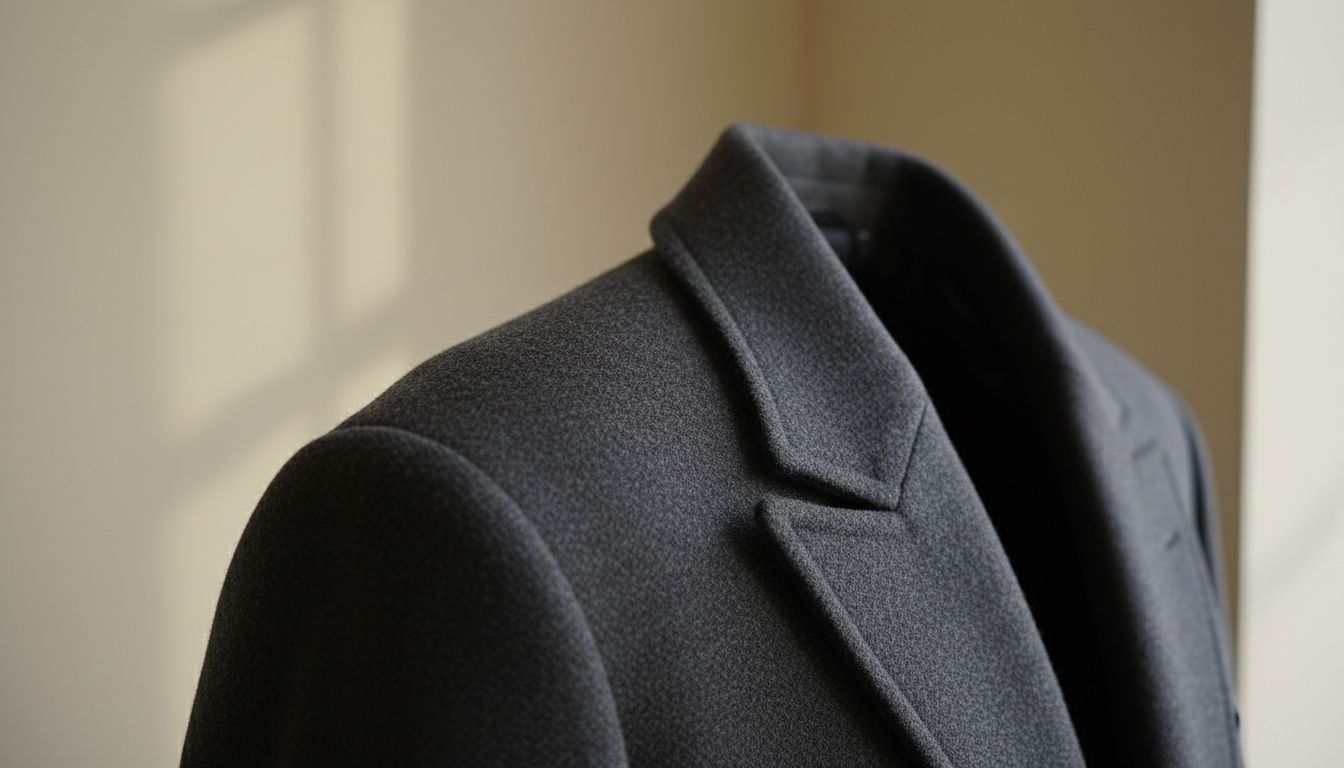 Детальный снимок конструкции плеча строгого шерстяного пальто, показывающий острый, скульптурный угол подплечника.