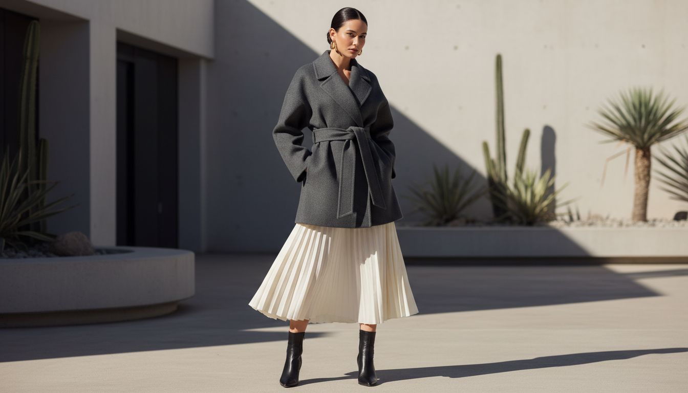 Стилизованный лук: Пальто с широкими плечами, застегнутое на талии, и юбка-плиссе, создающие эффект песочных часов.