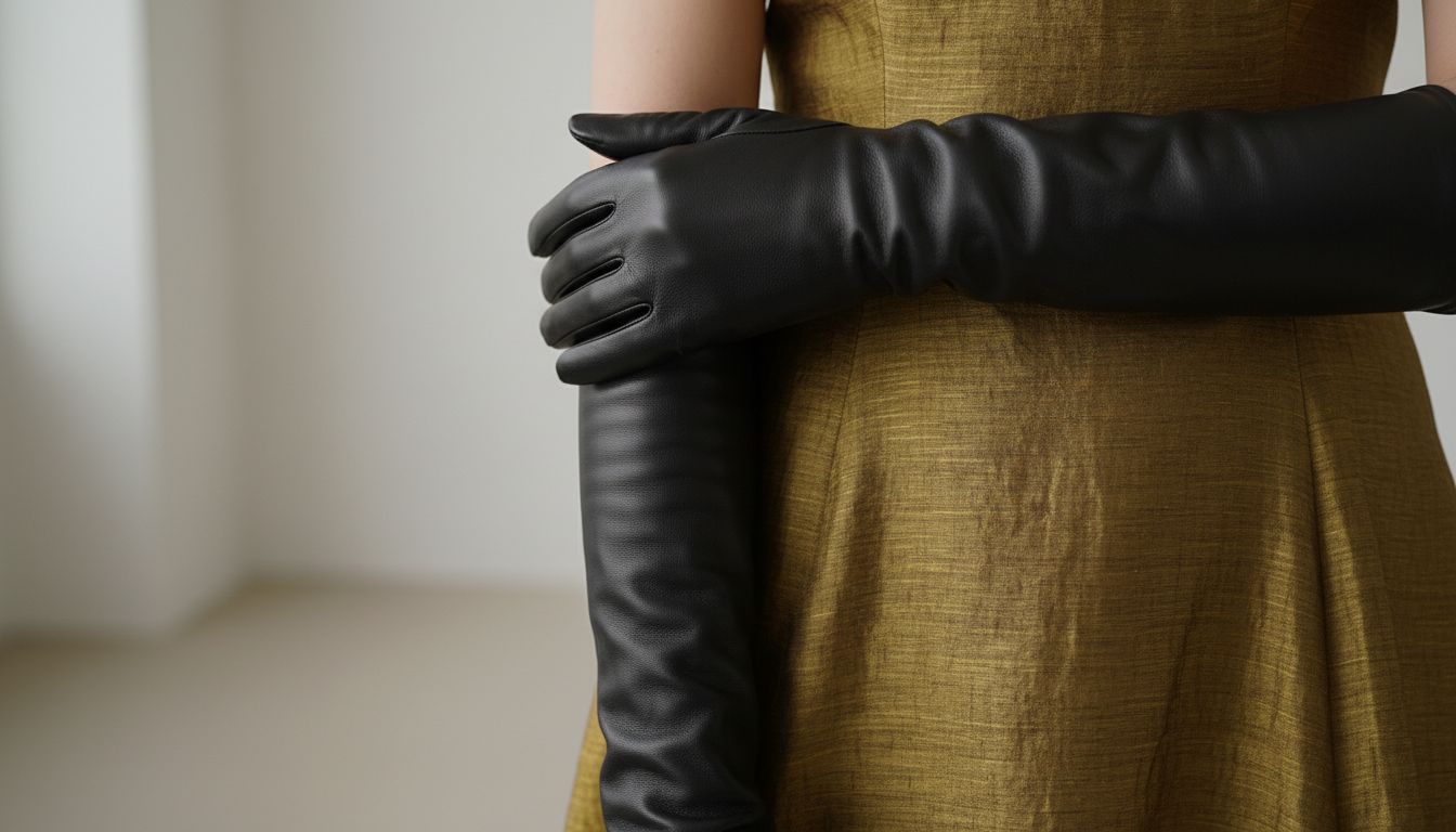 Детальный снимок кожаных перчаток выше локтя, контрастирующих с плотной, неровной текстурой шелка-дюпона платья.