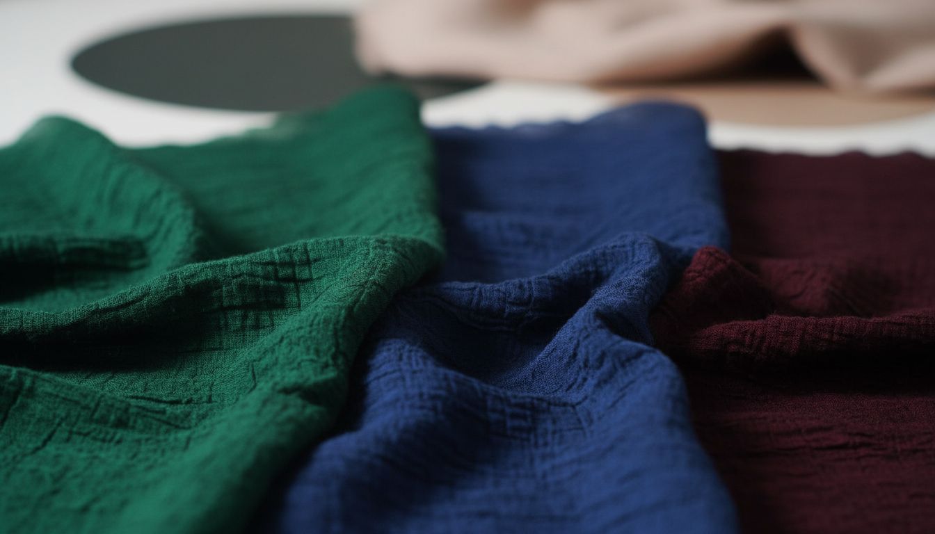 Крупный план палитры шелка-дюпона: глубокий изумруд, полуночный синий и черный вишневый цвет, демонстрирующие сложную текстуру ткани.