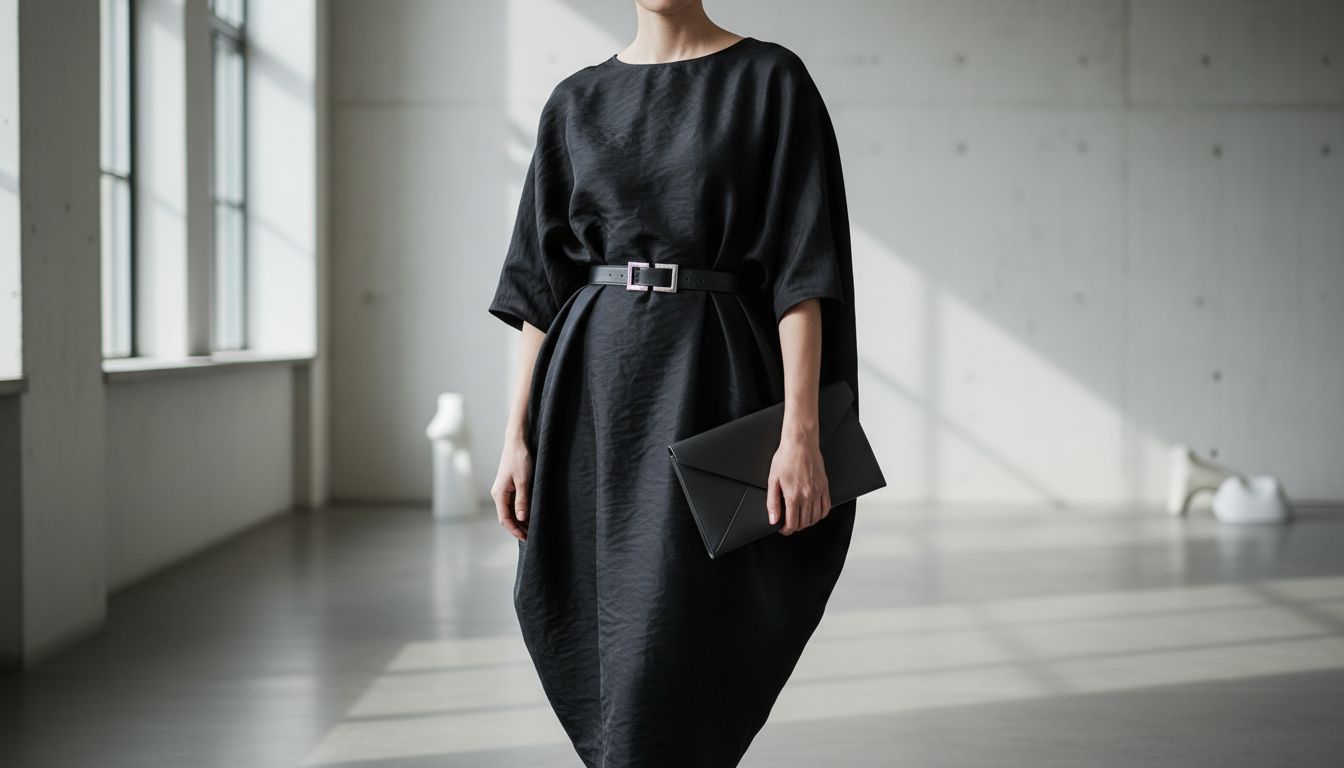 Женщина в черном платье-коконе из дюпона, подчеркнутом тонким поясом с геометрической металлической пряжкой, держащая в руке минималистичный клатч-конверт из гладкой кожи.
