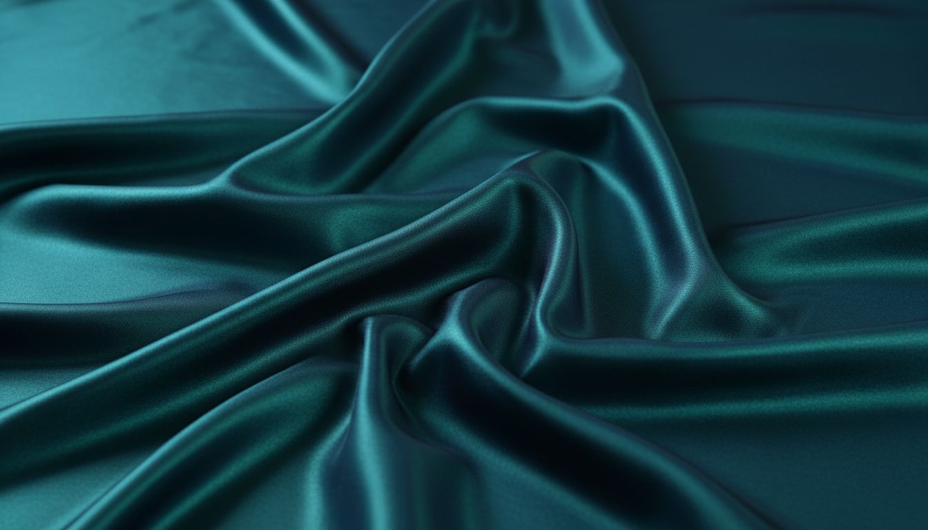 Крупный план текстуры шелкового атласа Deep Peacock Teal, демонстрирующий переливы цвета от синего к зеленому при искусственном освещении.