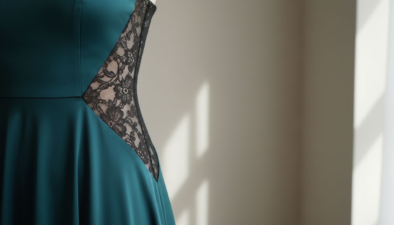 Деталь платья: черное кружево, используемое как архитектурная вставка на боку шелкового платья оттенка Deep Teal.