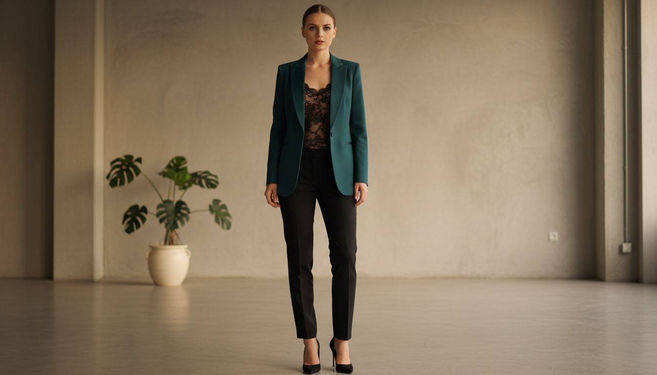 Образ с матовым жакетом-смокингом оттенка Deep Teal, надетым на топ из черного кружева, и брюками-сигаретами.