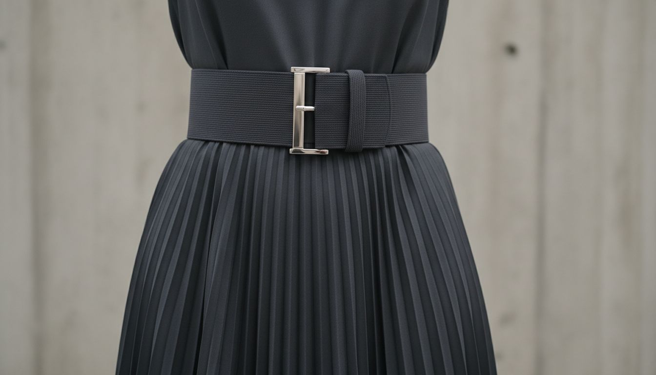 Крупный план жесткого, уплотненного пояса на темно-серой плиссированной макси-юбке, демонстрирующий структурную фиксацию.