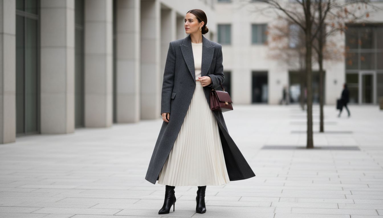 Девушка в длинном, структурированном пальто, накинутом поверх плиссированной макси-юбки, с остроносыми ботильонами.