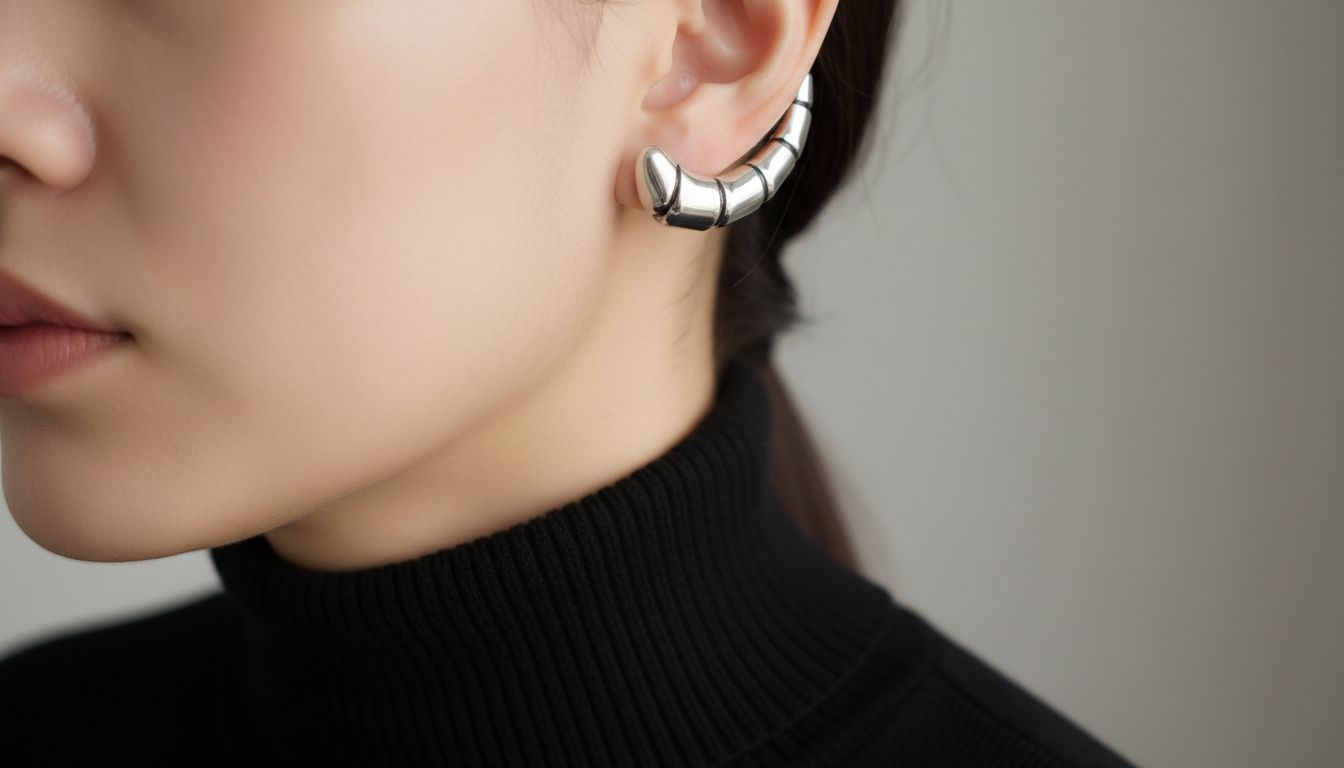 Крупный план серебряной каффы-армор, которая обнимает верхнюю часть уха, на фоне черной водолазки.