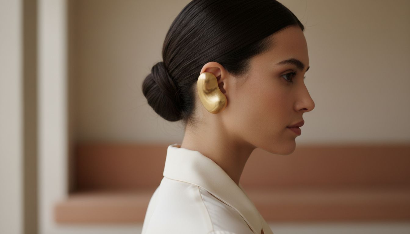 Девушка с гладко зачесанным низким пучком, демонстрирующая крупную каффу из матового золота на одном ухе.