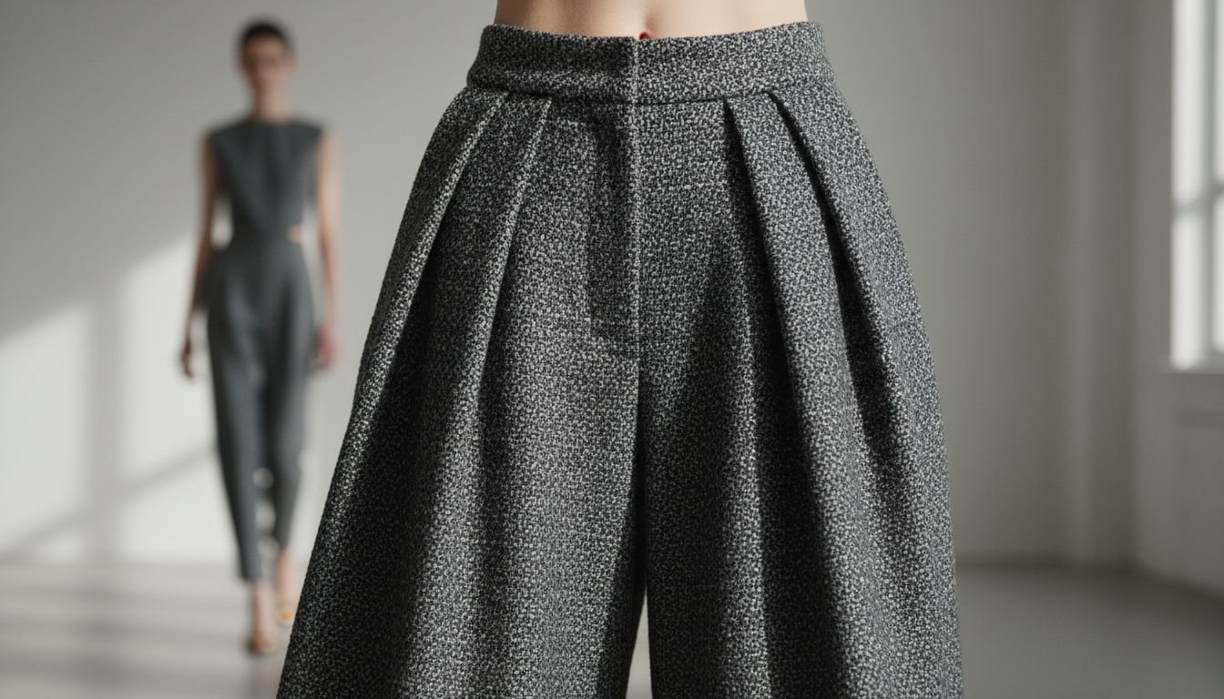 Детальный снимок кюлот из плотного твида с гипертрофированными защипами на талии, демонстрирующий жесткость и формообразующую структуру ткани.