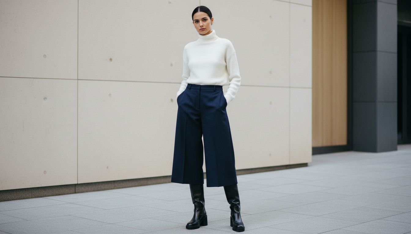 Женщина в темно-синих структурированных кюлотах, высоких черных сапогах и белоснежной водолазке, демонстрирующая идеальный баланс зимнего объема.