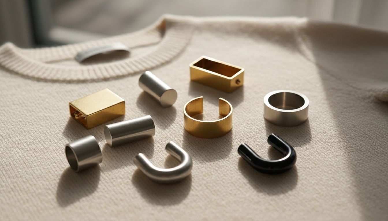 Различные геометрические манжеты для волос (прямоугольные, цилиндрические, U-образные) выложены на фоне кашемирового свитера.