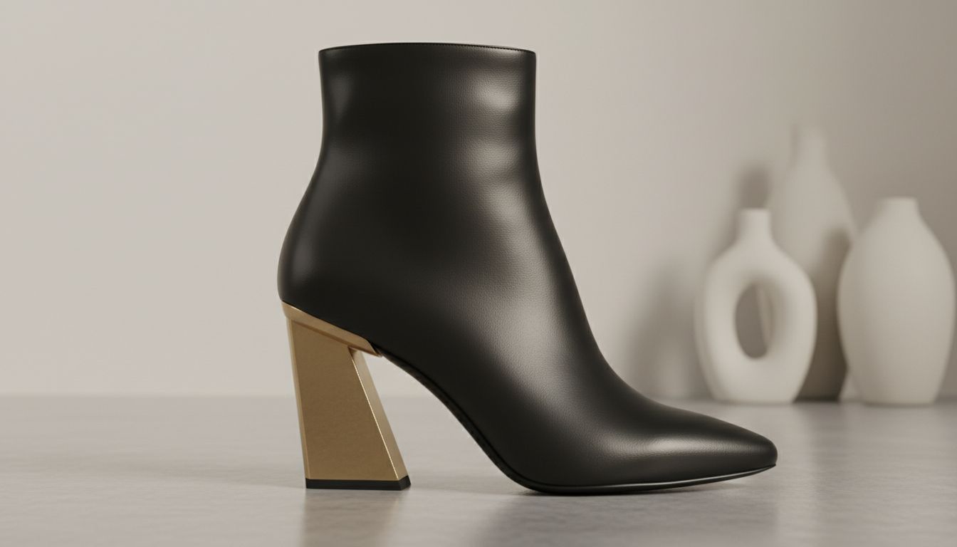 Крупный план ботильона с каблуком-кикстендом, демонстрирующий его скульптурную трапециевидную форму.