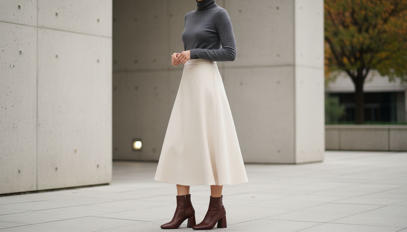 Женщина в длинной шерстяной юбке-миди и ботильонах на низком скульптурном каблуке, демонстрирующая гармонию пропорций.