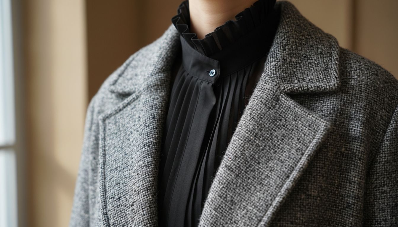 Крупный план блузки из черной плотной органзы с четкими складками и высоким стоячим воротником, виднеющейся из-под воротника серого твидового пальто.