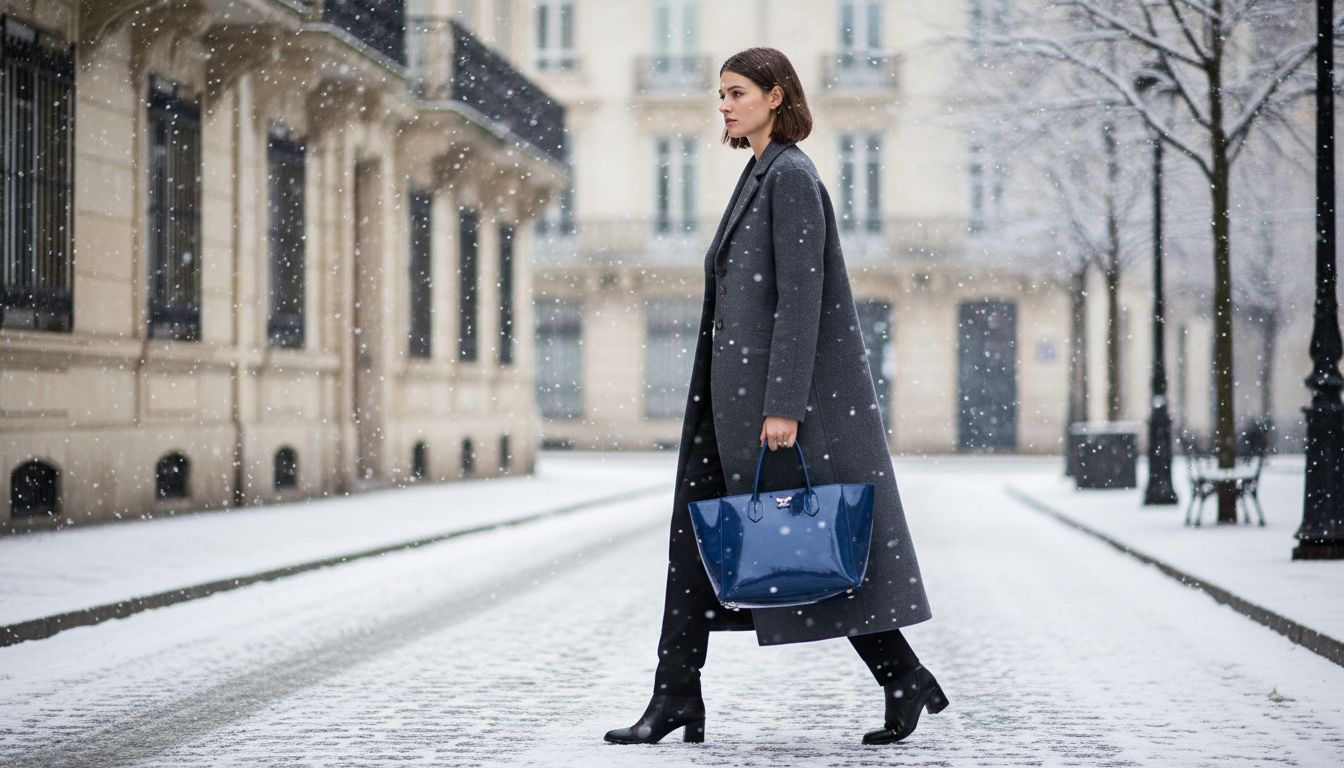 Модель идет по заснеженной улице. На ней длинное серое пальто, черные брюки, и кобальтовая лаковая сумка-тоут.