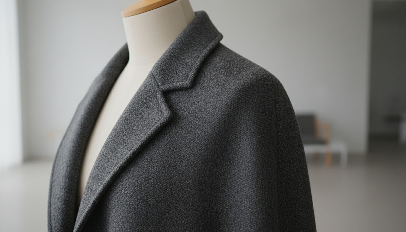 Деталь структурированного плеча пальто-накидки из плотного серого твида с четкой геометрией.