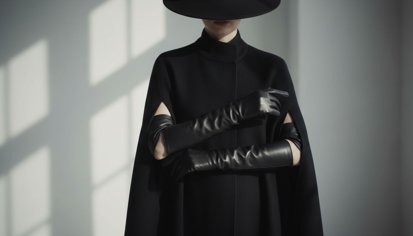 Женщина в черном кейпе, демонстрирующая длинные кожаные перчатки, которые элегантно выглядывают из прорезей для рук.