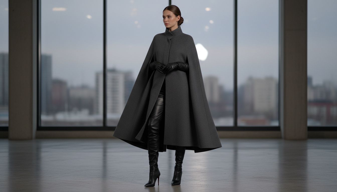 Женщина в черных ботфортах на каблуке и узких кожаных брюках, которые исчезают под длинным кейпом.