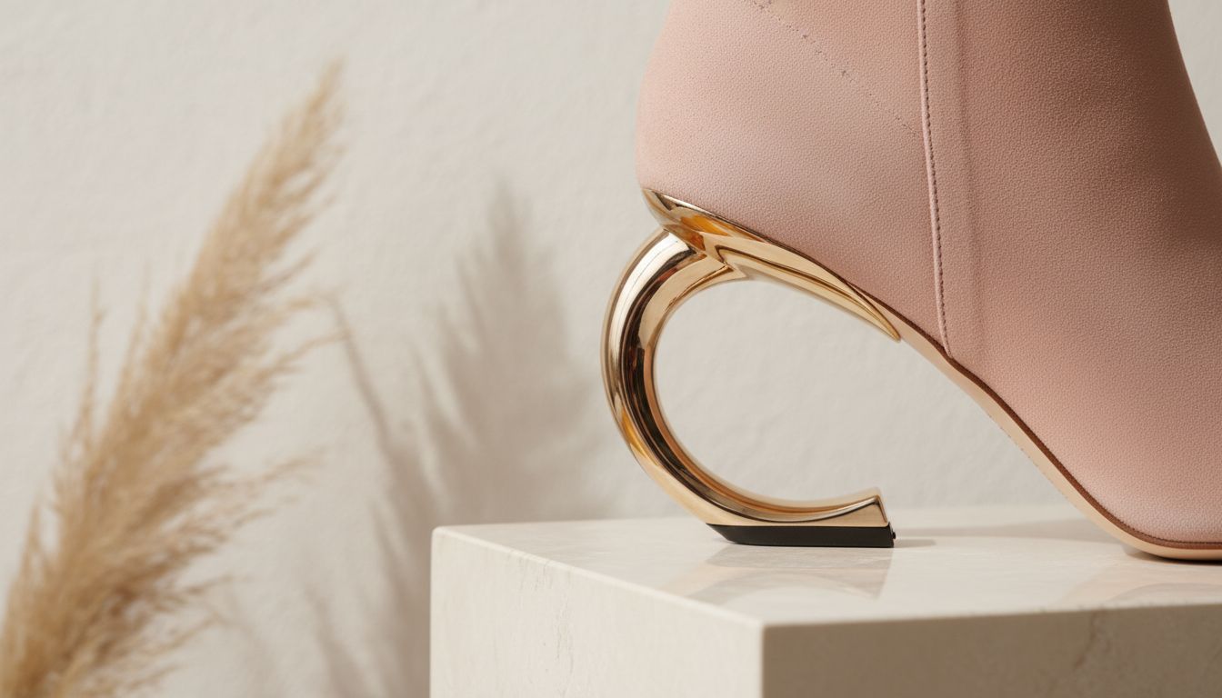 Крупный план ботильона из мягкой замши с металлическим каблуком-запятой, демонстрирующий изящный изгиб.