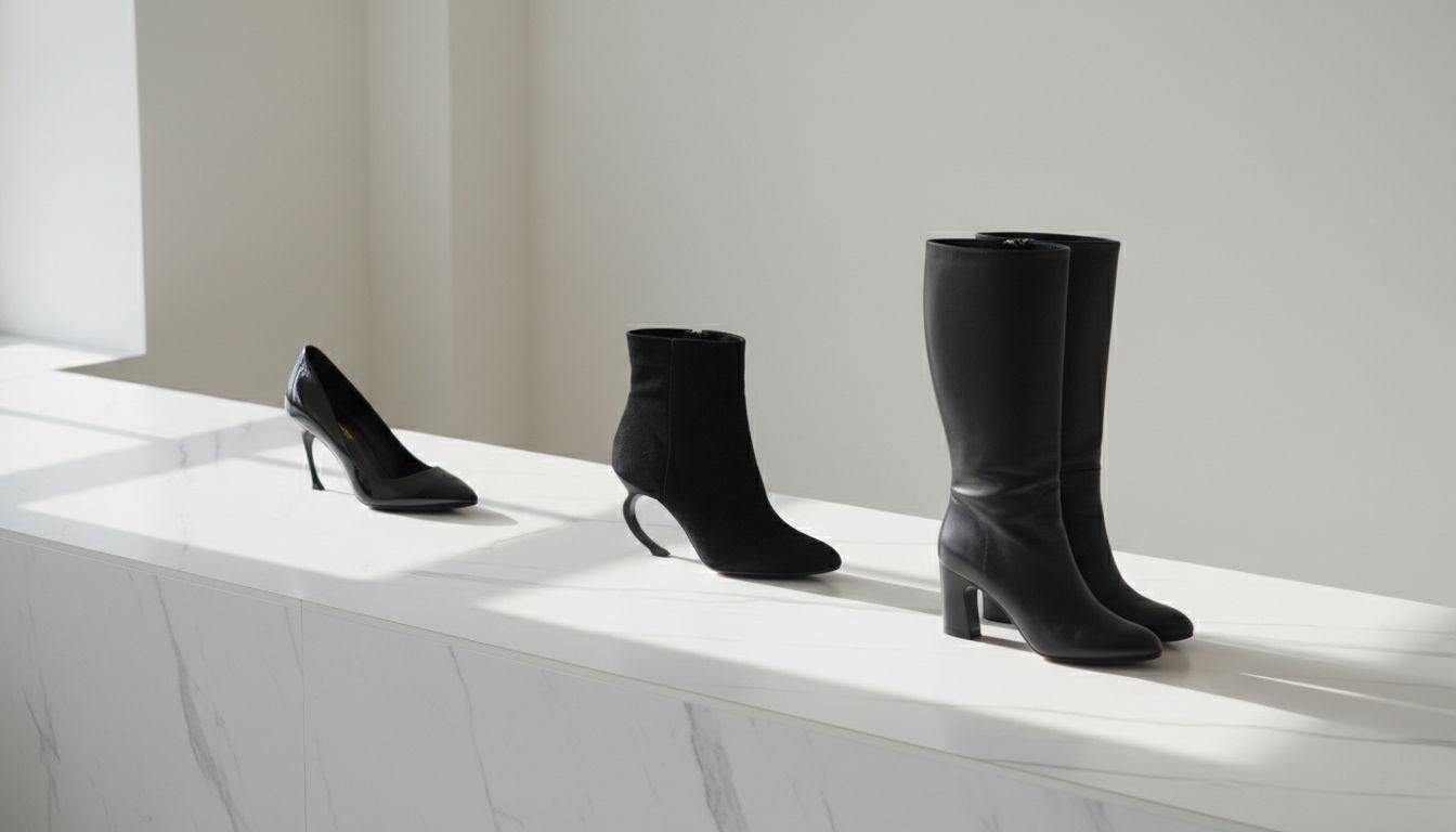 Три пары обуви (черные лаковые лодочки, замшевые ботильоны и сапоги до колена) с каблуками-запятыми разной высоты, выставленные на подиуме.