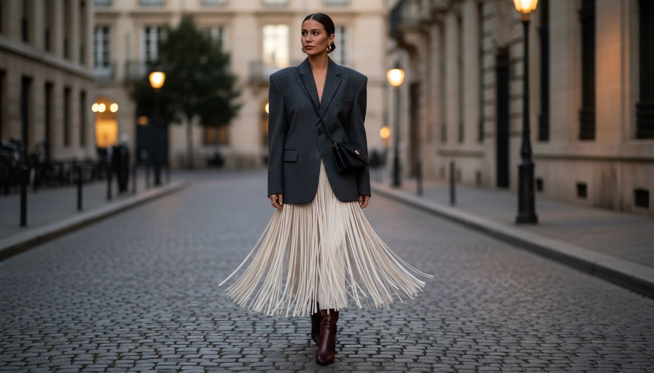 Общий план образа, где длинная бахрома на юбке контрастирует с жесткой линией плеч шерстяного жакета, создавая вертикальную динамику.