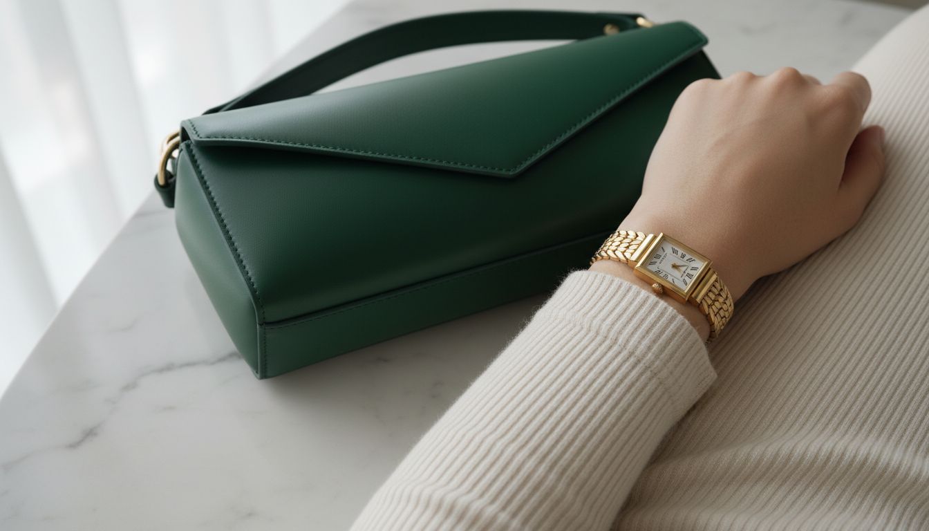 Деталь - сумка-багет с жесткой геометрией и винтажные часы на массивном золотом браслете, стилизованные с рукавом трикотажного платья в рубчик.