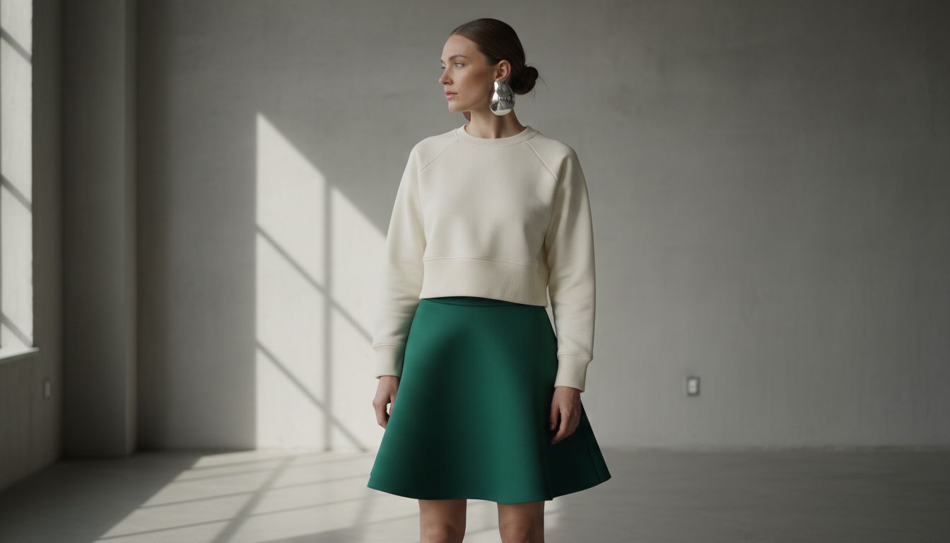 Стилизованный образ: Неопреновая юбка-тюльпан в сочетании с укороченным свитшотом из плотного хлопка и массивными металлическими серьгами-каффами.