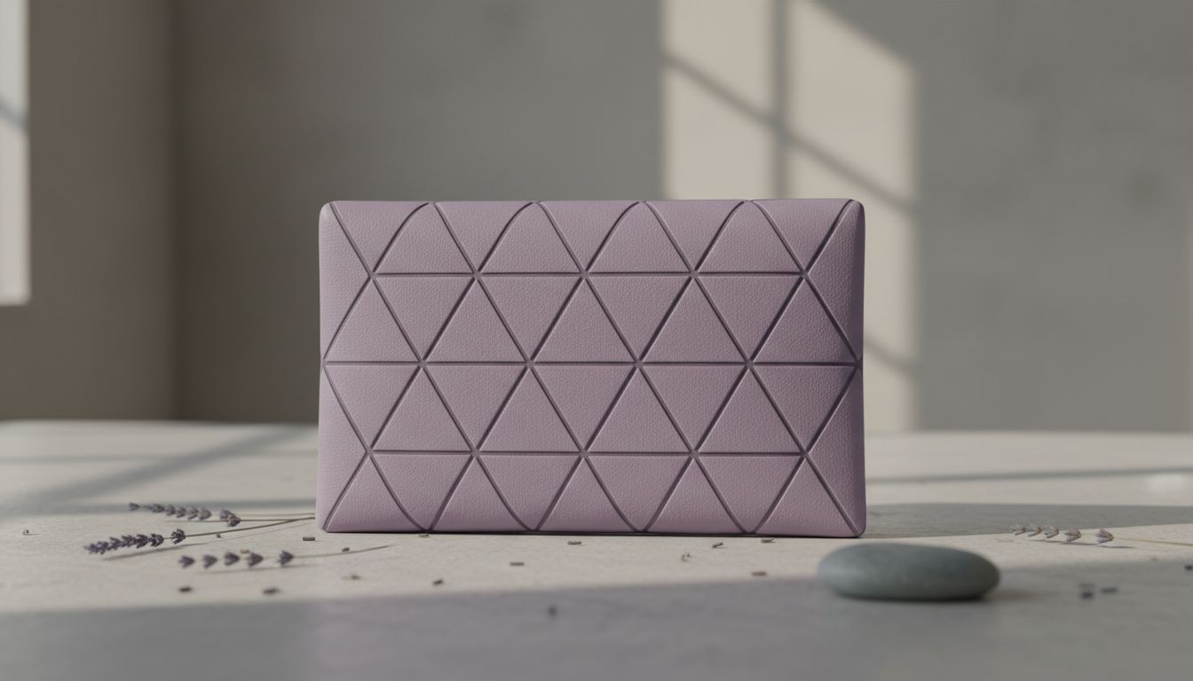 Крупный план лавандового клатча с геометрическим тиснением на матовой коже.