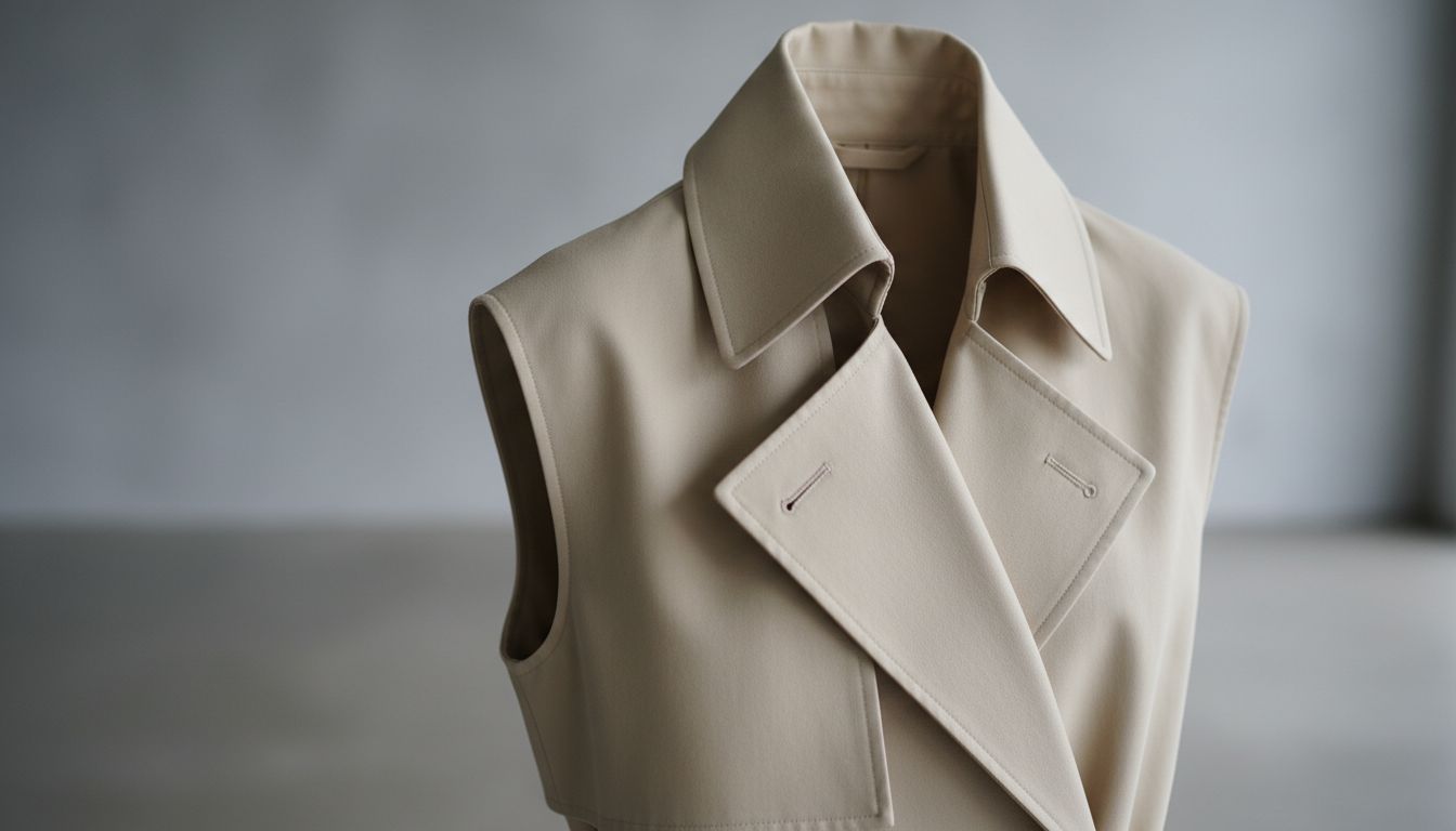 Детальный снимок жесткого воротника и штормовой кокетки структурированного тренча без рукавов, подчеркивающий его архитектурную форму.