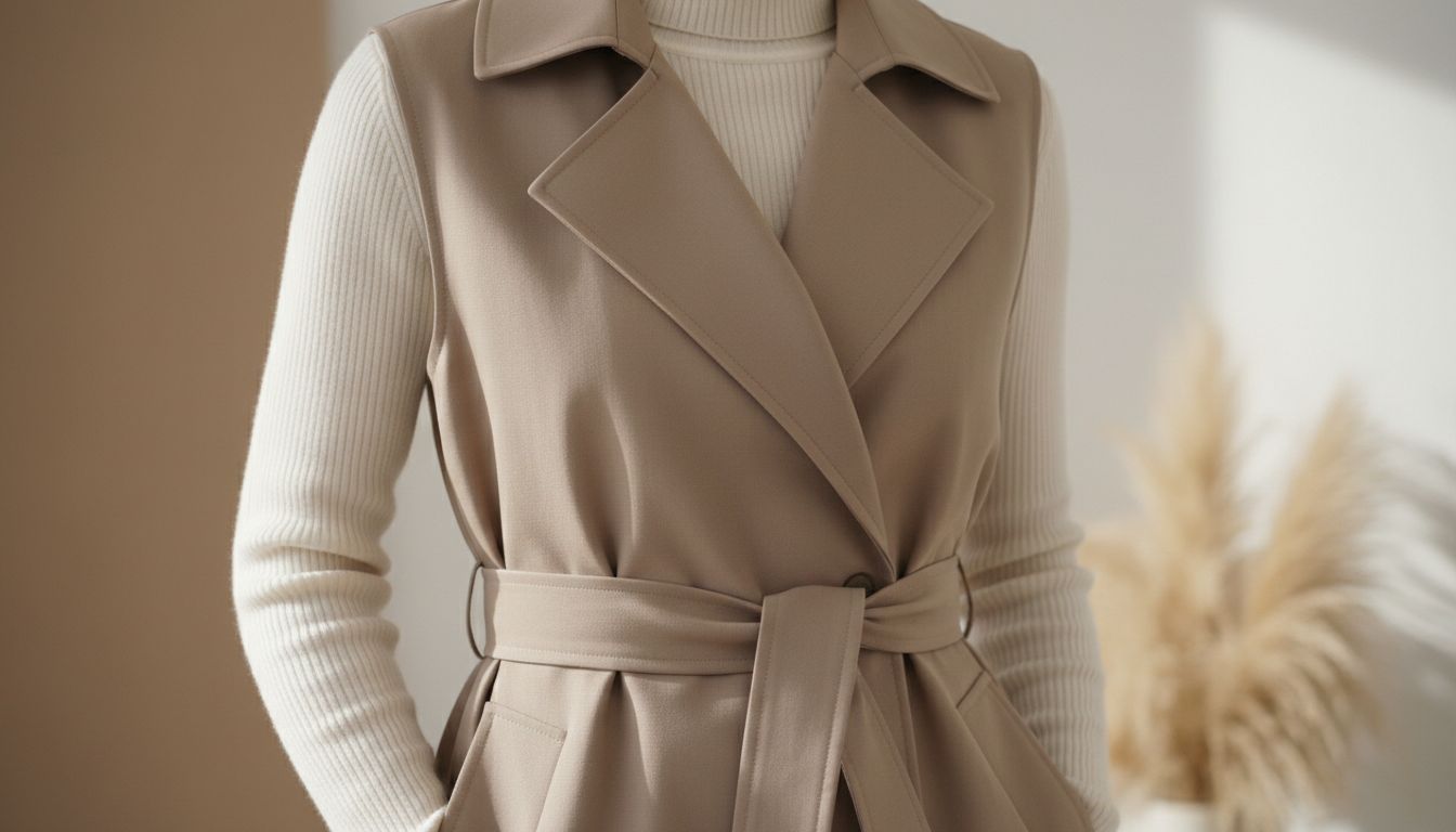 Крупный план стилизации: рукава кашемировой водолазки, выглядывающие из-под проймы тренча без рукавов, и пояс, подчеркивающий талию.