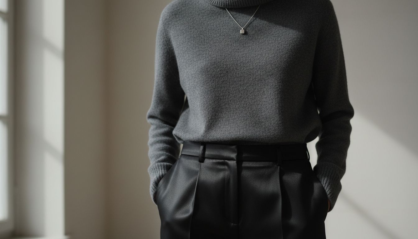 Деталь: Сочетание глянцевого черного технического сатина брюк и матового серого кашемирового свитера с высоким воротом.