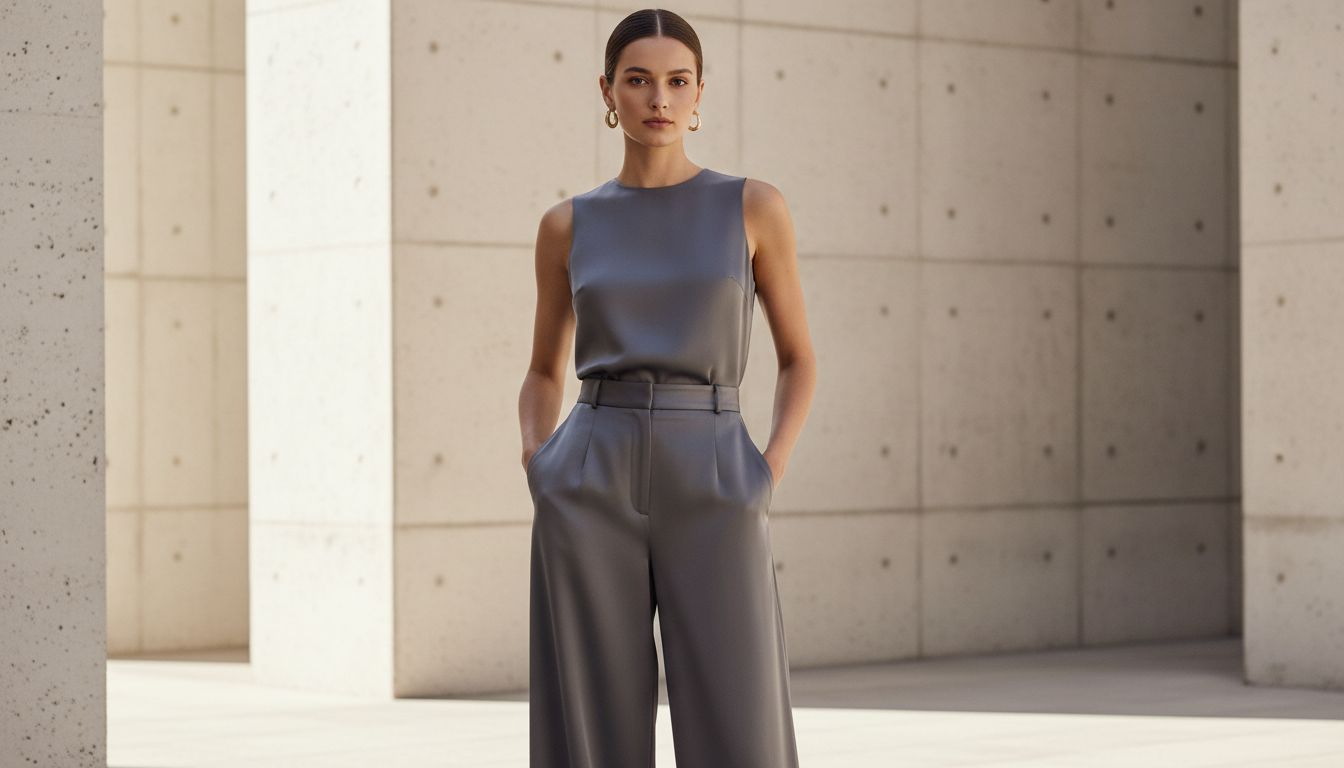 Элегантная женщина, стоящая в брюках-палаццо из технического сатина, с акцентом на четкость силуэта и идеальную посадку по талии.