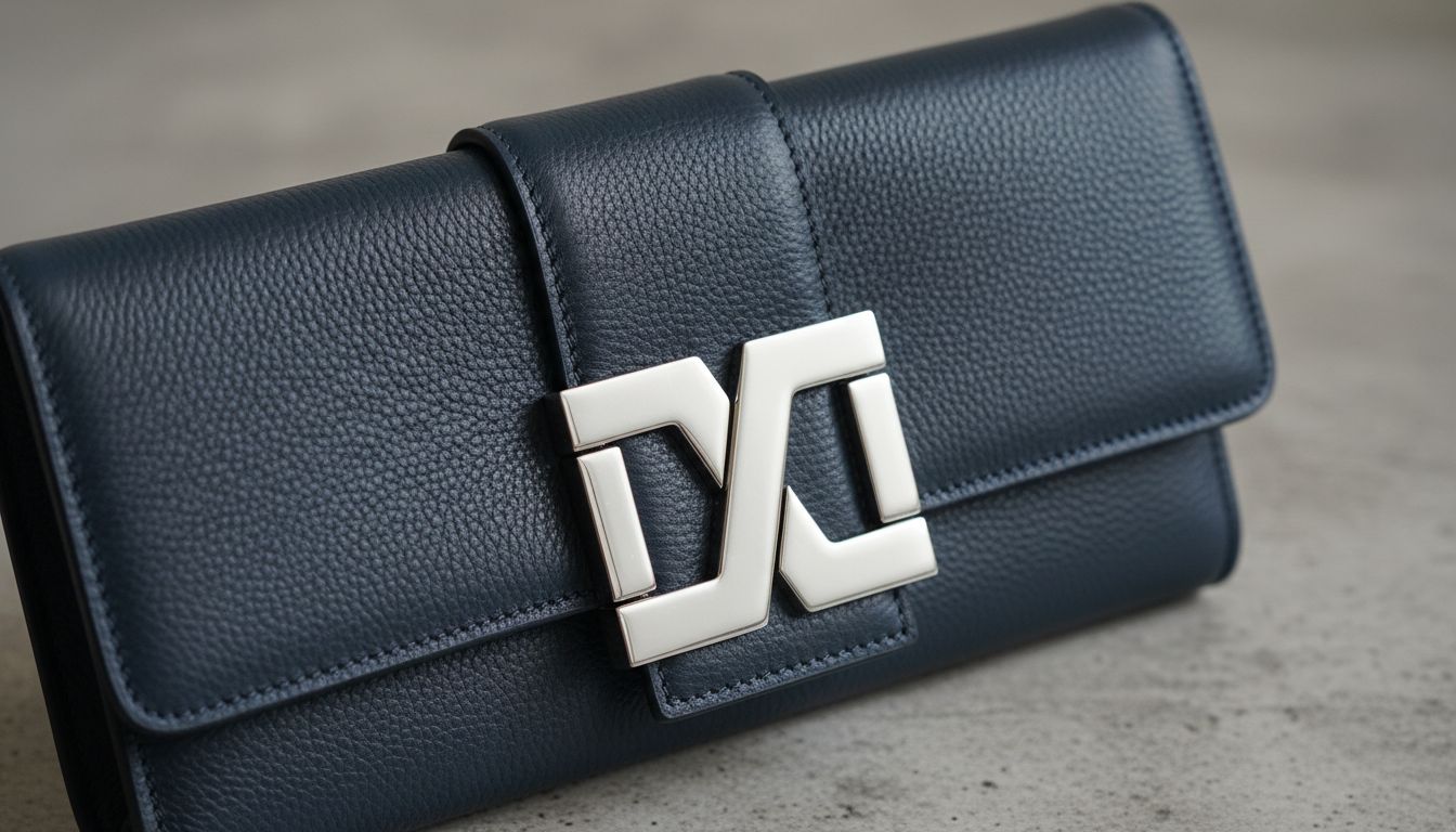 Крупный план клатча из зернистой кожи оттенка Угольно-Синий Сланец с массивной серебряной фурнитурой.