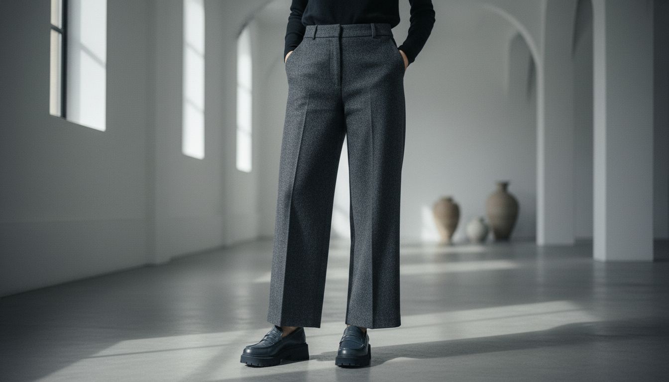 Женщина в широких брюках из плотной шерсти цвета мокрого асфальта и лоферах на массивной подошве из зернистой кожи Deep Slate Blue Charcoal.