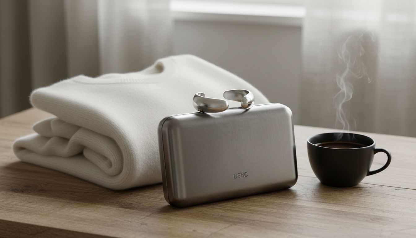 Стилизованный натюрморт: свитер из кремового кашемира, жесткий клатч из DSBC, серебряный браслет-манжета и чашка кофе.