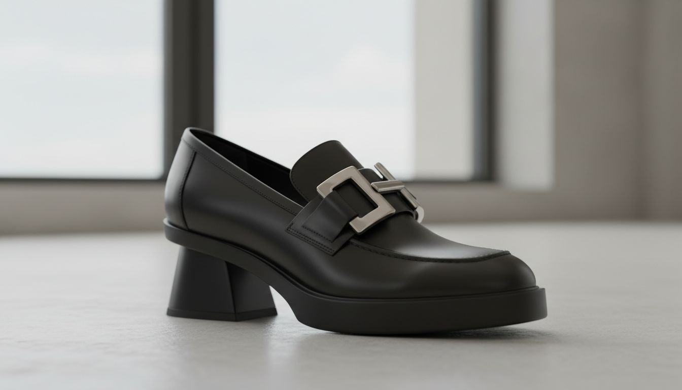 Крупный план лофера из матовой кожи с массивной металлической пряжкой и инвертированным конусным каблуком.