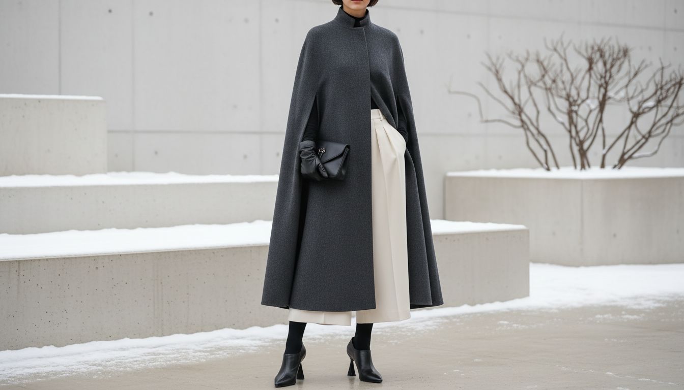 Стилизованный зимний образ: длинное пальто-кейп, плиссированные кюлоты и черные туфли на инвертированном конусном каблуке.