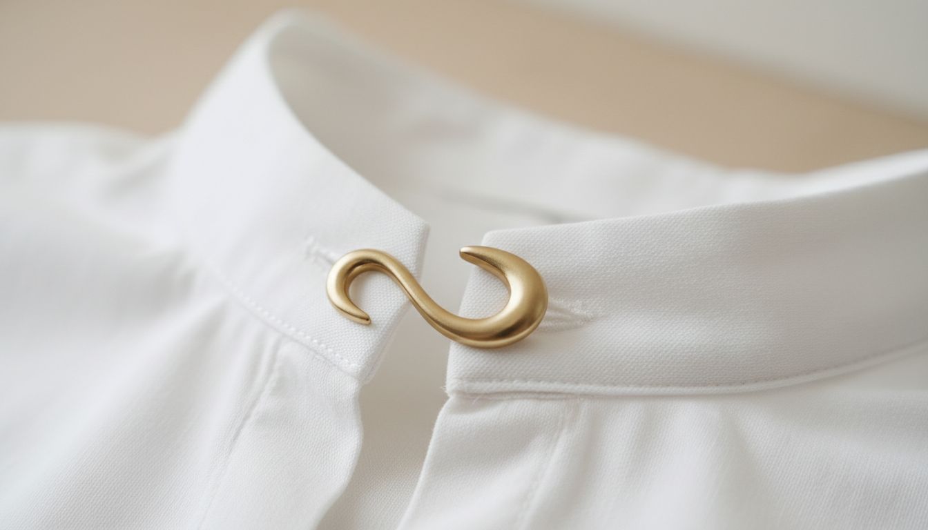 Крупный план металлической застежки-петли на воротнике белой рубашки, выполненной из матового золота.