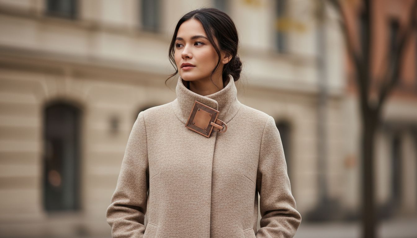 Девушка в бежевом шерстяном пальто с высоким воротником-стойкой, который спереди зафиксирован крупной, квадратной металлической застежкой цвета меди.