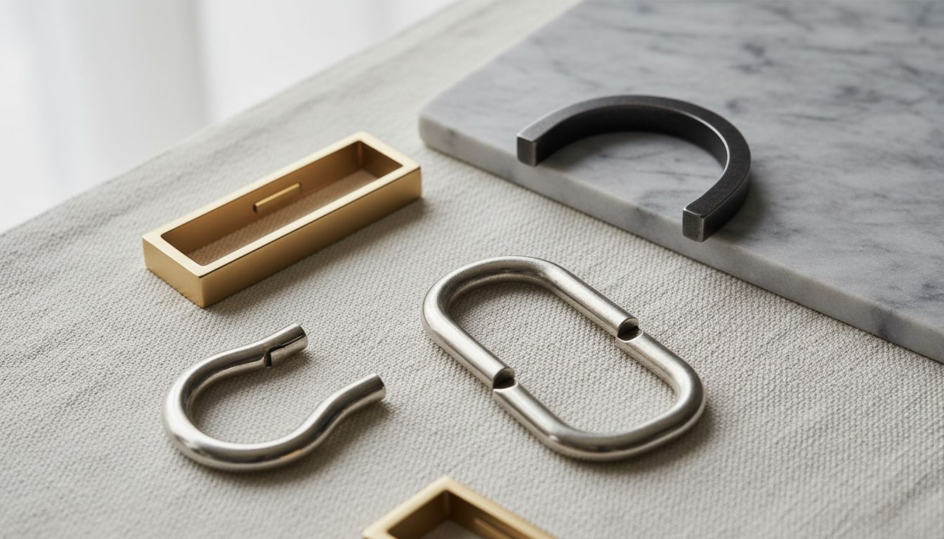 Подборка различных металлических застежек-петель: матовое золото, черненые сталь, серебро - показаны разные геометрические формы: прямоугольник, дуга, скоба.