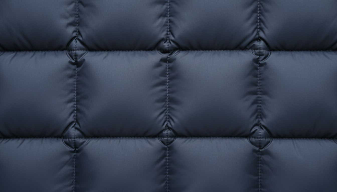 Крупный план гипер-стеганой текстуры матового нейлона в насыщенном цвете Deep Slate Blue Charcoal, показывающий четкие, геометрические блоки.