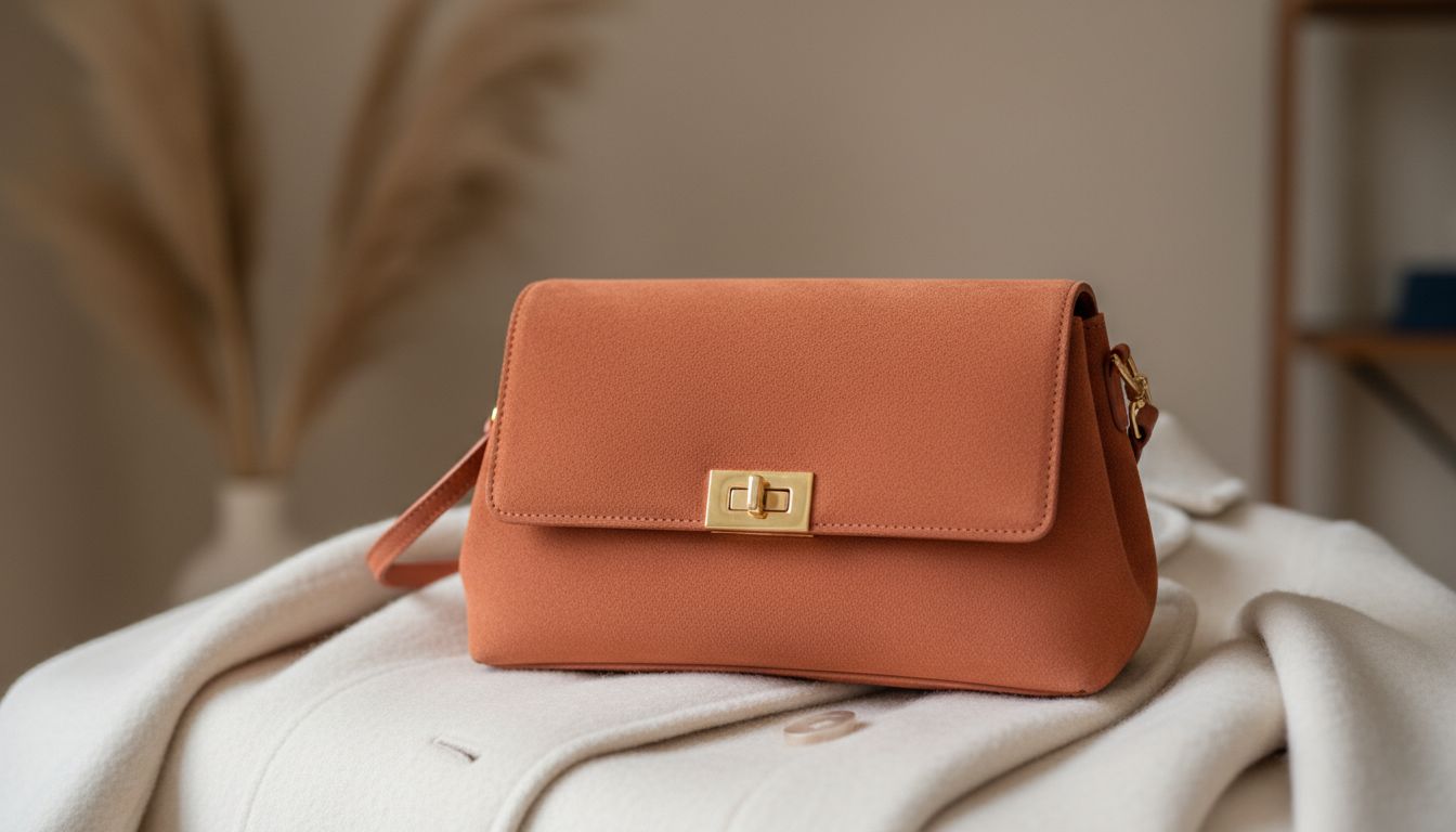 Крупный план замшевой сумки оттенка Жженой Терракоты, лежащей на кашемировом пальто цвета слоновой кости.