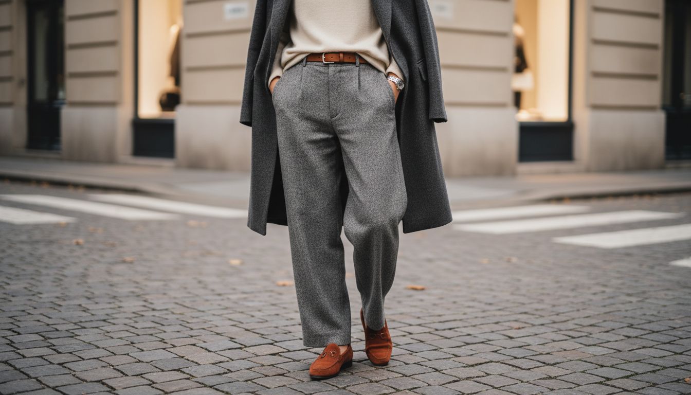 Стильный образ с лоферами из терракотовой замши и широкими брюками из шерсти серого меланжа.