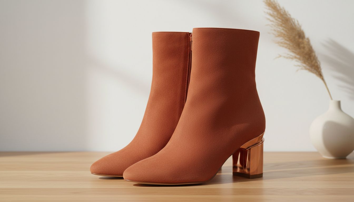 Замшевые ботильоны оттенка Жженой Терракоты с металлическими элементами на каблуке.