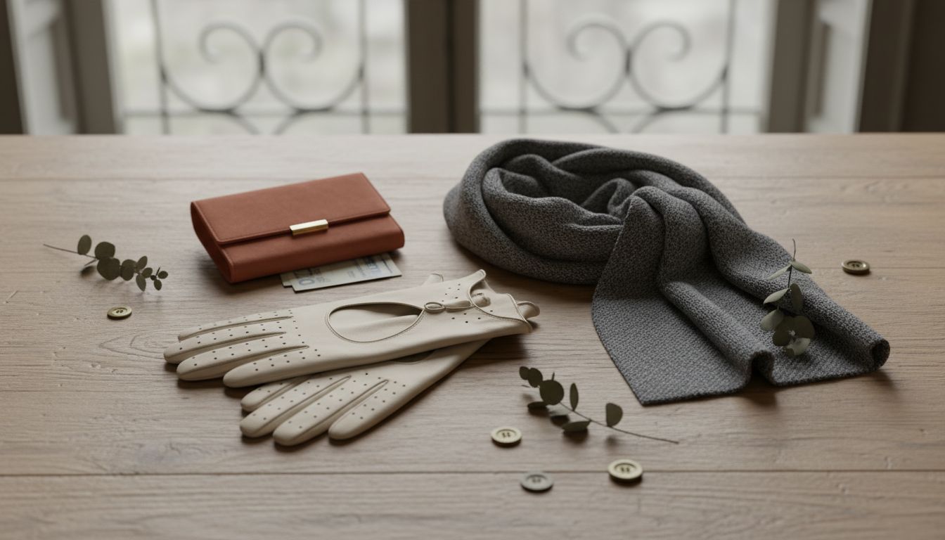 Стилизованный натюрморт с кожаными перчатками цвета слоновой кости, серым меланжевым шарфом и кошельком из терракотовой замши.