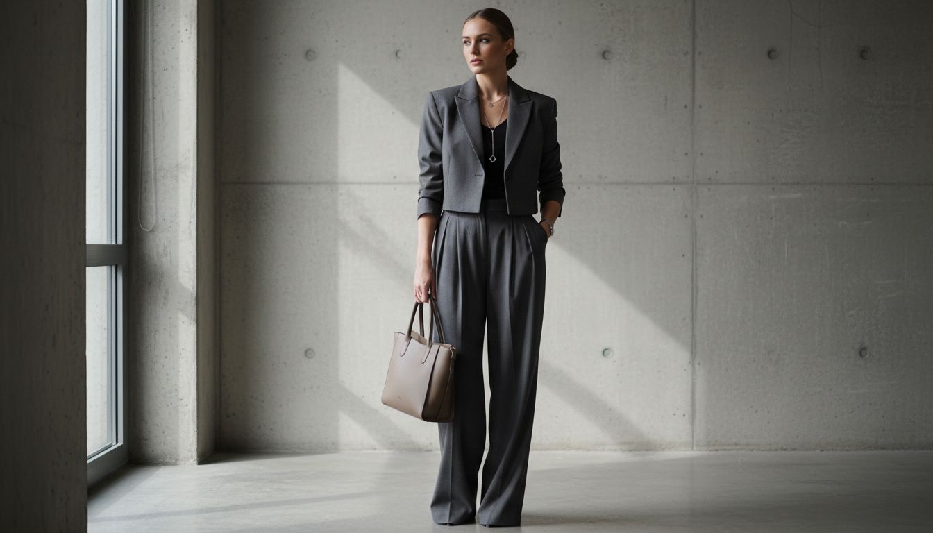 Модель в сером костюме: укороченный жакет и драпированные брюки. Аксессуары - минималистичные.
