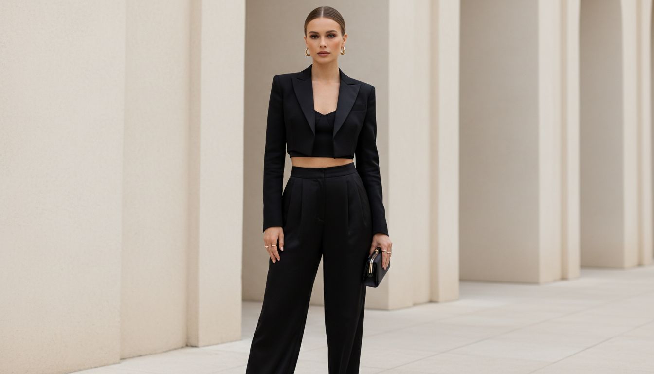 Женщина в вечернем образе: черные сатиновые брюки с драпировкой и кроп-смокинг.