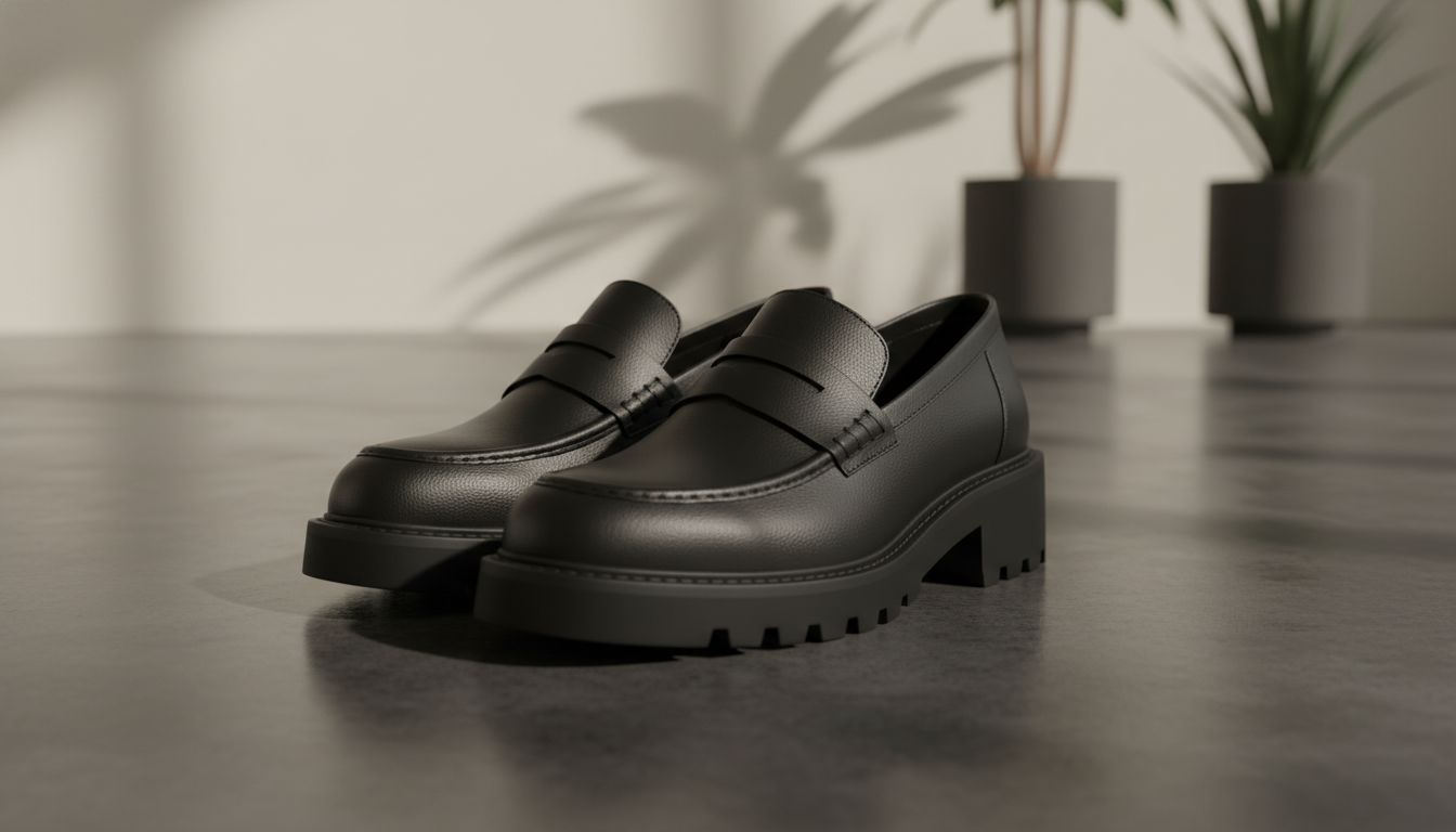 Черные лоферы с мысом-долото на толстой подошве, крупный план текстуры матовой кожи.