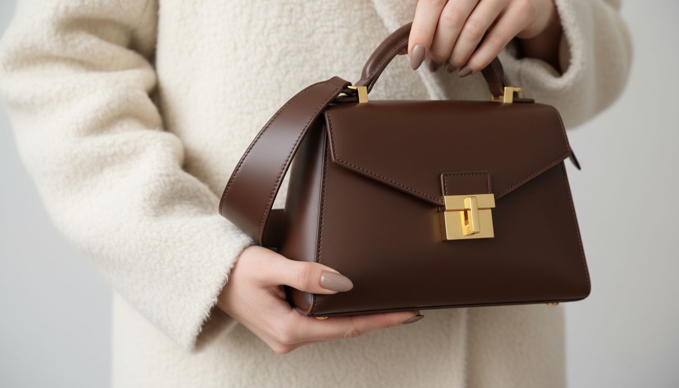 Деталь: крупный план руки, держащей жесткую сумку-трапецию темно-коричневого цвета, на фоне текстуры толстого кашемирового пальто.